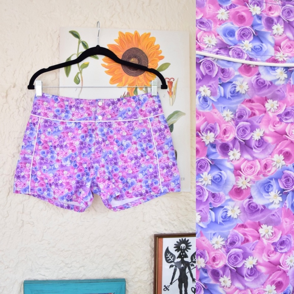90s pastel purple pink blue rose floral board shorts (28”)